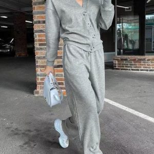 Women Plain Split Joint Two-Piece Set Daily Long Sleeve Casual Spring/Fall Top With Pants Matching Set, JustFashionNow Suit Set, color:Gray|size:5XL,
