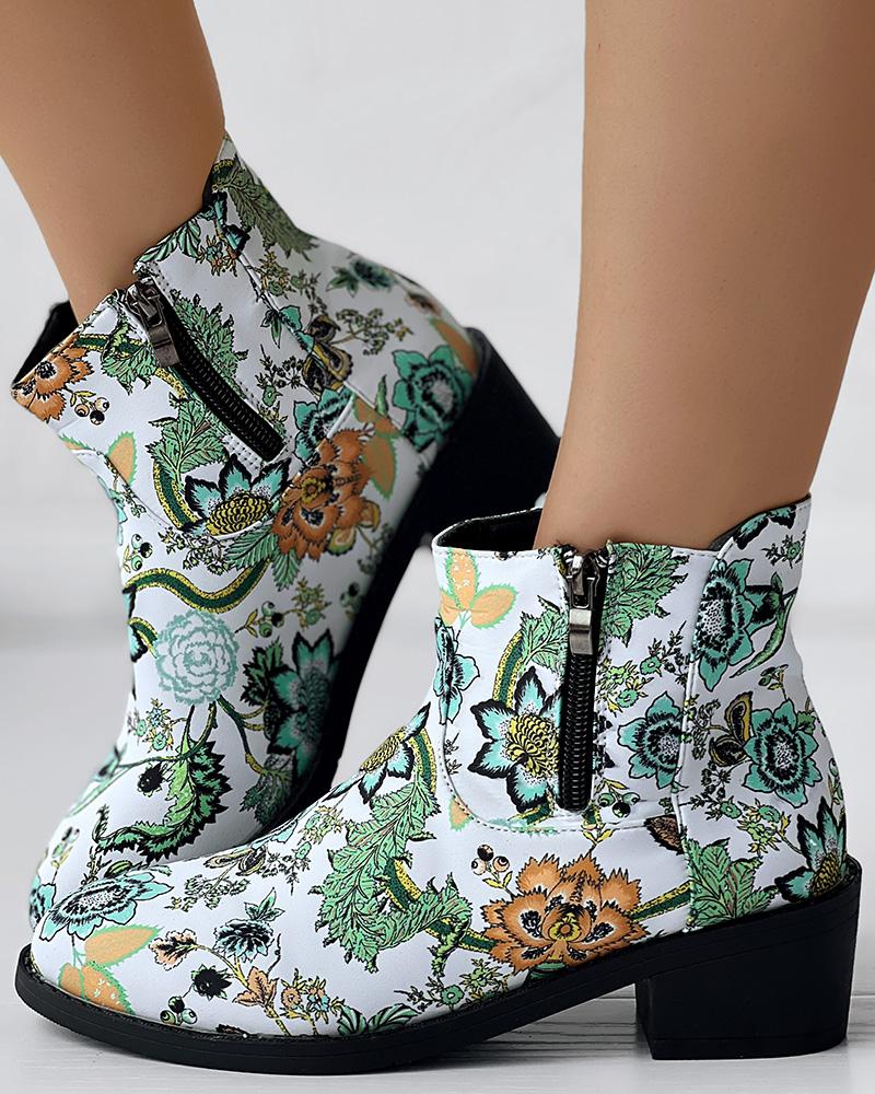 Vintage Floral Tribal Pattern Zipper Back Ankle Boots, women Boots, ChicMe catalog - Image 3