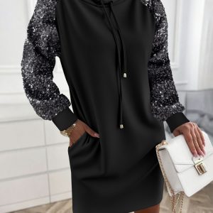 Stand Collar Sequin Long Sleeve Drawstring Casual Mini Straight Dress, women Casual Dresses, ChicMe catalog