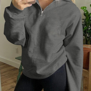 Women Plain Shawl Collar Zipper Casual Spring/Fall Long Sleeve Sweatshirt, JustFashionNow Sweatshirts & Hoodies, color:Deep Gray|size:3XL,