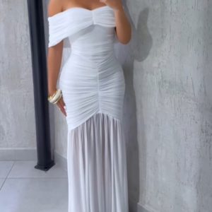 Foldover Off Shoulder Ruched Cinched Waist Minimalist Evening Dress Slim Fit Mermaid Hem Party Dress, women Party Dresses, ChicMe catalog