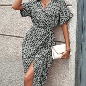 Women Geometric Short Sleeve Summer Printing Dress V Neck Daily Vintage Midi Tank A-Line Dress, JustFashionNow Dresses, color:Black-white|size:XL,