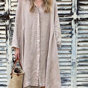 Women Plain Spring/Fall Dress Shirt Collar Long Sleeve Shirt Dress A-Line Dress, Dresses, color:Apricot|size:5XL, catalog Noracora shop