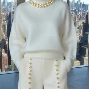 Casual Plain Turtleneck Loosen Sweater With White Pearl Choker, Pullovers, color:White|size:XXL, Stylewe