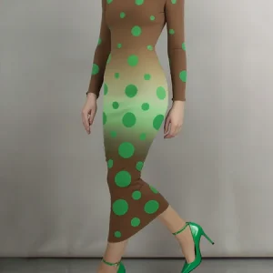 Plus Size Elegant Polka Dots Balloon Sleeve Printing Boat Neck Maxi Dress, Plus Dresses, color:Green|size:4X, Stylewe