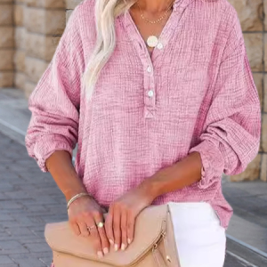 Women Plain Long Sleeve Shirt Spring/Fall Split Joint V Neck Daily Casual Top, JustFashionNow Blouses, color:Pink|size:5XL,