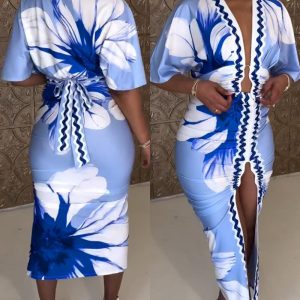 Floral Print Plunge V Neck Bell Sleeve Bodycon Dress Casual Slim Fit Slit Midi Dress, women Midi Dresses, ChicMe catalog