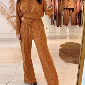 2 Pieces Outfit Long Sleeve High Neck Pullover knit Top and Casual Waist Lace up Wide Leg Pants Set, women Two-piece Sets, ChicMe catalog