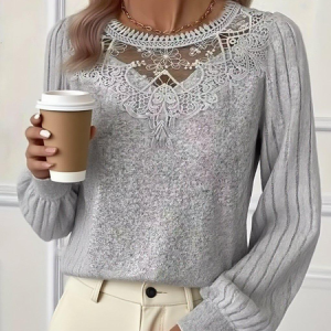 Drop Shoulder Ribbed Lace Collar Long Sleeve Spring And Autumn Knitted Commuter T-Shirt Top, Sweaters, color:Gray|size:XXL, catalog Noracora shop