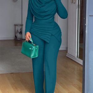 Cowl Neck Asymmetrical Textured Patchwork Cinched Waist Jumpsuit Casual Zipper Back Wide Leg Jumpsuit, women Jumpsuits, ChicMe catalog