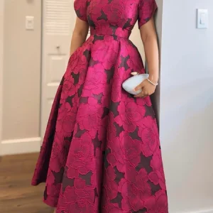 Elegant Floral  Jacquard Crew Neck Maxi Dress, Maxi Dresses, color:Rose Red|size:XXL, Stylewe