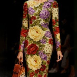 Elegant Floral Printing Crew Neck Knee Length Dress, Mini Dresses, color:As Picture|size:XXL, Stylewe