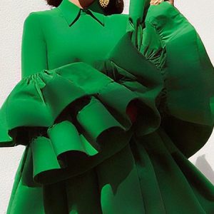Satin Elegant Plain Ruched Shirt Collar Bell Sleeve Blouse, Blouses and Shirts, color:Green|size:XXL, Stylewe