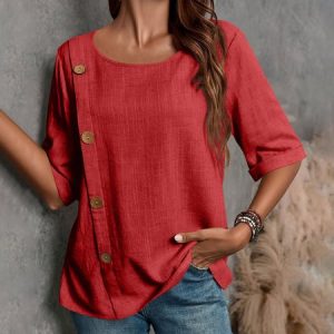 Women Plain Half Sleeve Blouse Summer Split Joint Crew Neck Daily Casual Top, JustFashionNow Shirts, color:Red|size:XXL,