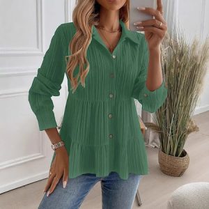 Shirt Collar Long Sleeve Plain Regular Micro-Elasticity Regular Fit Shirt For Women, Shirts, color:Green|size:XXL, catalog Noracora shop
