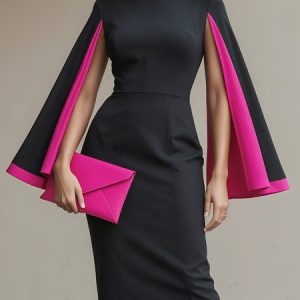 Elegant Color Block Split Sleeves  Stand Collar Midi Dress, Midi Dresses, color:Black|size:XXL, Stylewe