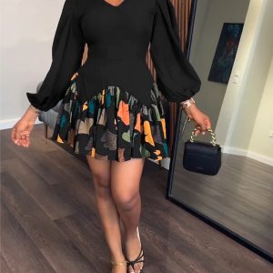 Multi-color Leaves Print Patchwork V-Neck Puff Sleeve Peplum Hem A Line Dress, women Party Dresses, ChicMe catalog