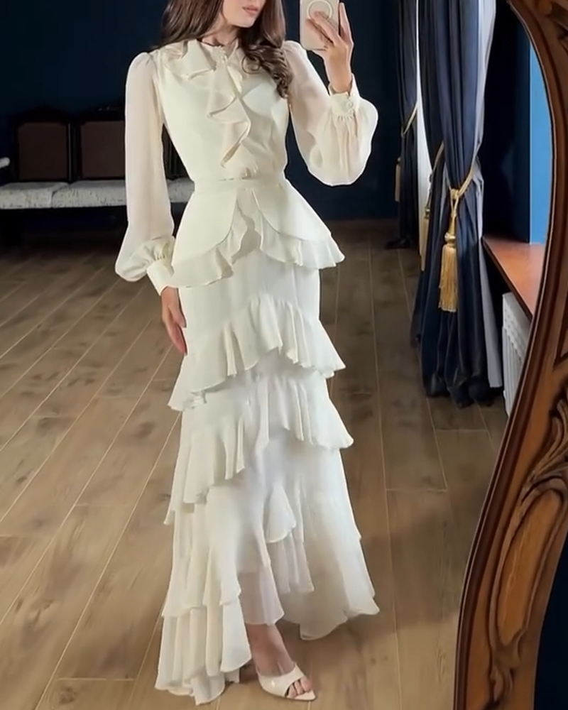 French Style Rhinestone Button Decor Ruffles Round Neck Lantern Sleeve Maxi Dress Zipper Back Layered Ruffle Hem Chiffon Evening Dress with Belt, women Maxi Dresses, ChicMe catalog - Image 2
