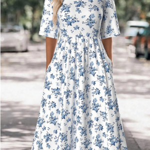 Women Floral Summer Dress Crew Neck Half Sleeve A-Line Dress, Dresses, color:Blue|size:5XL, catalog Noracora shop
