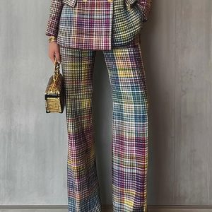 Urban Multi-Plaid Straight-Leg Pants, Pants, color:As Picture|size:XXL, Stylewe