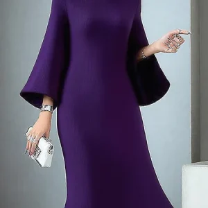 Casual Plain Mock Neck Knee Length Sweater Dress, Midi Dresses, color:Purple|size:XXL, Stylewe
