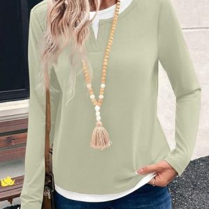 Casual Color Block V Neck Long Sleeve T-shirt, T-shirts, color:Lightgreen|size:4XL, catalog Noracora shop