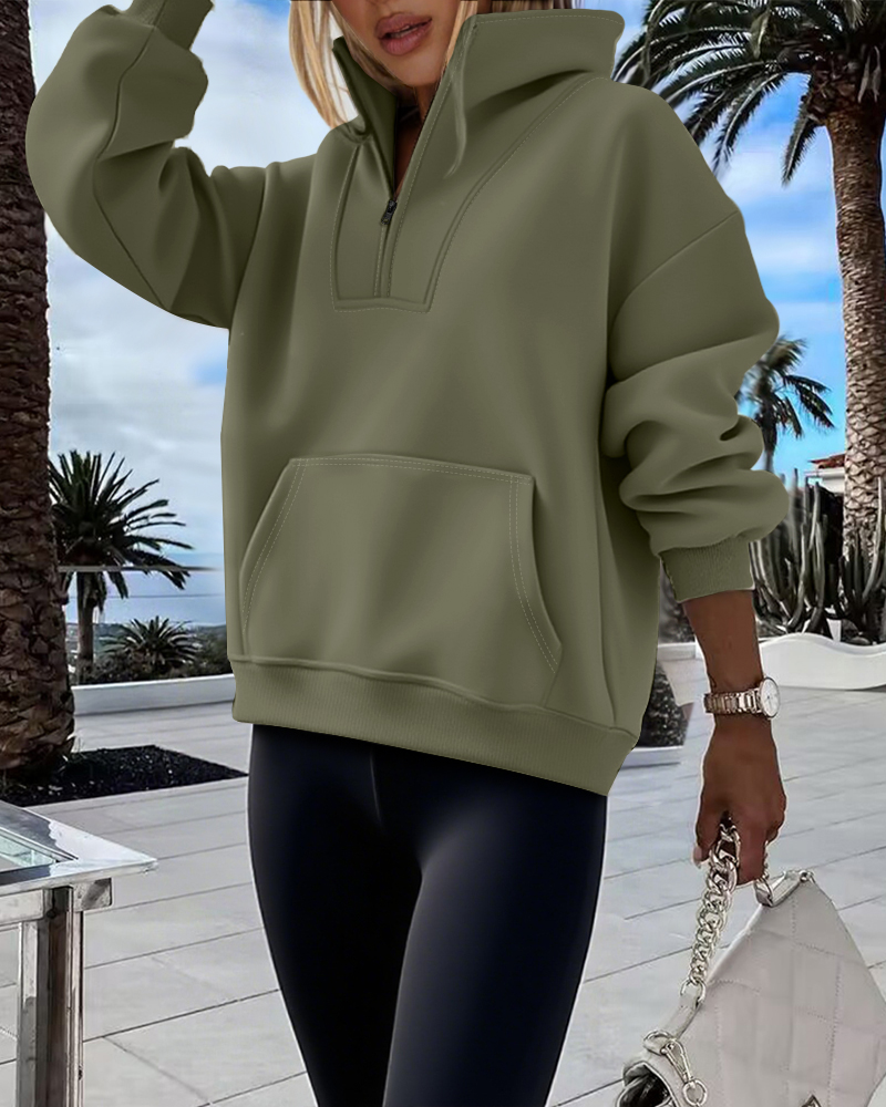 High Neck Half Zip Long Sleeve Kangaroo Pocket Sweatshirt Casual Drop Shoulder Top, women Sweats & Hoodies, ChicMe catalog - Image 3