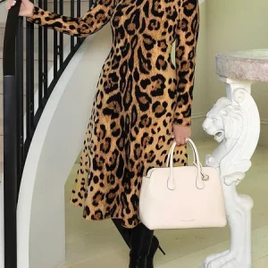 Urban Animal Print Printing Stand Collar Midi Dress, Midi Dresses, color:Leopard|size:XXL, Stylewe