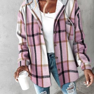 Plaid Print Long Sleeve Button Front Drawstring Hoodie Coat Casual Pocket Design Thermal Lined Shirt Coat, women Jackets & Coats, ChicMe catalog