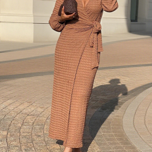 Elegant Plain V Neck Maxi Dress, Maxi Dresses, color:Brown|size:XXL, Stylewe