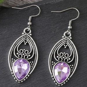 Personalized Retro Style Men And Women Inlaid Purple Zircon Earrings Fashionable Hollow Purple Crystal Earrings, Earring, color:Silver|size:One-size, catalog Noracora shop