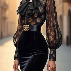 Elegant Geometric Printing Stand Collar Shirt, Blouses and Shirts, color:Black|size:XXL, Stylewe