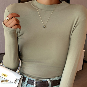 Women Simple Plain Soft Comfy Mock Neck Long Sleeve T-shirt, T-shirts, color:Army Green|size:XXL, catalog Noracora shop