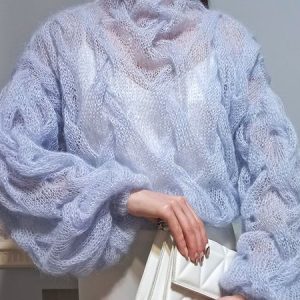Casual Plain Mock Neck Balloon Sleeve Sweater, Pullovers, color:Blue|size:XXL, Stylewe