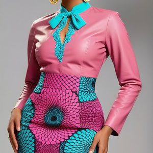 PU Elegant Color Block Split Joint Stand Collar Faux Leather Top, Blouses and Shirts, color:As Picture|size:XXL, Stylewe