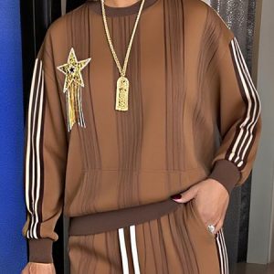 Casual Striped Printing Sweatshirt, Hoodies and Sweatshirts, color:Brown|size:XXL, Stylewe