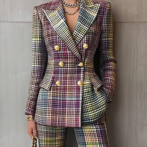 Urban Multi-Plaid Lapel Blazer, Blazers, color:As Picture|size:XXL, Stylewe