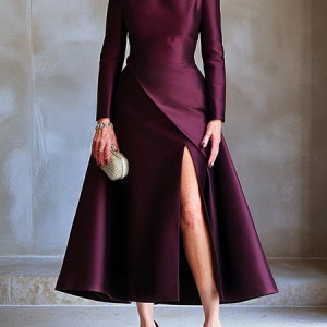 Elegant Plain Slit Off The Shoulder Maxi Dress With Brooch, Maxi Dresses, color:Wine Red|size:XXL, Stylewe