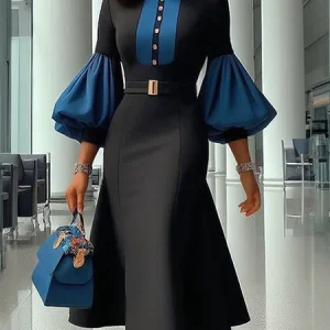 Urban Color Block Balloon Sleeve Split Joint Shirt Collar Midi Dress, Midi Dresses, color:Black-blue|size:XXL, Stylewe