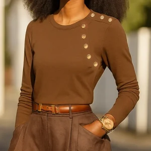 Casual Plain Buttoned T-shirt, Tees, color:Brown|size:XXL, Stylewe
