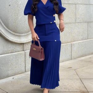 2 Pieces Outfit Overlap V-Neck Puff Sleeve Button Front Crop Top and High Waist Zipper Fly Pleated Patchwork Skirt Set, women Two-piece Sets, ChicMe catalog