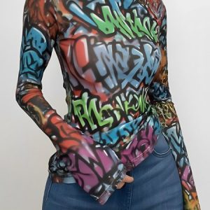 Casual Graffiti Printing Crew Neck  T-shirt, Tees, color:As Picture|size:XXL, Stylewe