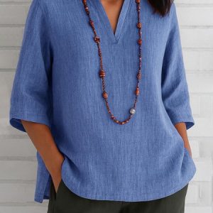 V Neck Half Sleeve Plain Pullover Lightweight Loose Blouse For Women, Blouses, color:Blue|size:3XL, catalog Noracora shop
