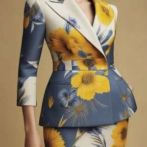 Elegant  Printing Floral Lapel Collar Three Quarter Sleeve Blazer, Blazers, color:As Picture|size:XXL, Stylewe