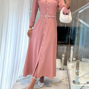 Pearls Flower Decor Turn-down Collar Button Down Shirred Back Shirt Dress Casual Cinched Waist Flap Detail Work Dress with Belt, women Work Dresses, ChicMe catalog