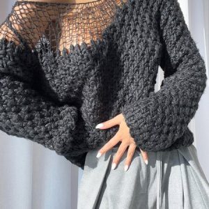Casual Plain Eyelet Cold Shoulder Sweater, Pullovers, color:Black|size:XXL, Stylewe