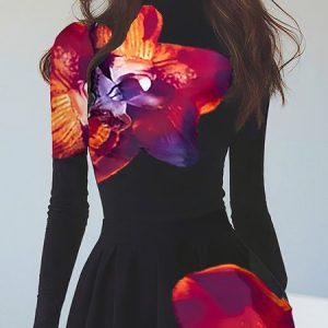 Jersey Elegant Floral Printing Turtleneck T-shirt, Tees, color:Black|size:XXL, Stylewe