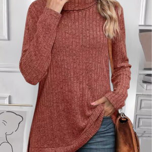 Women Plain Long Sleeve Tee T-shirt Turtleneck Split Joint Vintage Spring/Fall Top, JustFashionNow T-Shirts, color:Orange|size:XXL