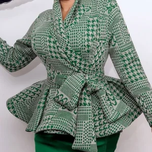 Urban Printing Houndstooth Shawl Collar Jacket With Belt, Jackets, color:Green|size:XXL, Stylewe