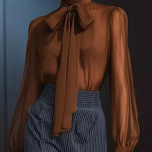 Urban Plain Lace-up Turtleneck Blouse, Blouses and Shirts, color:Brown|size:XXL, Stylewe